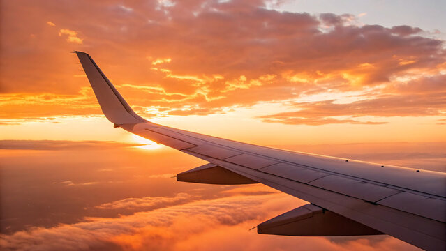 Sunset view from airplane wing above clouds during evening flight