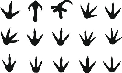 Bird and dinosaur footprint vector illustration collection with diverse track shapes, paleontology artwork design, animal prints, black silhouette graphics © Hamida