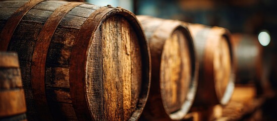 Aged wooden barrels lined up in a dimly lit cellar (1)