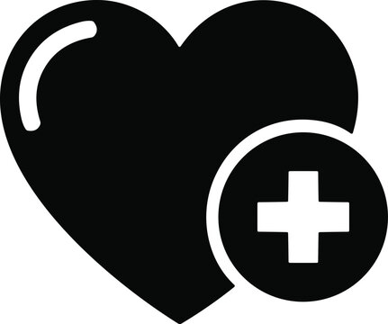 Black heart vector illustration with white highlight and medical plus sign icon, healthcare services symbol, wellness monitoring, positive health design