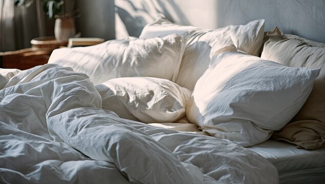 Soft, rumpled white bedding bathed in warm sunlight