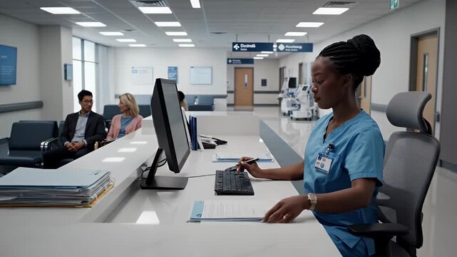 Healthcare professional attending to patient check-in at a hospital reception desk