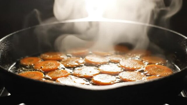 Close-up of Sliced Carrots Sizzling in a Cast Iron Pan, Creating Steam and Visual Appeal, Cooking Process