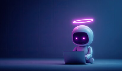 Cute robot with glowing eyes and halo, working on a laptop