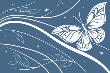 A beautiful white butterfly illustration flying on blue background with stars and leaves
