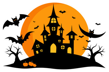 A spooky Halloween haunted house with bats and pumpkins under an orange moon