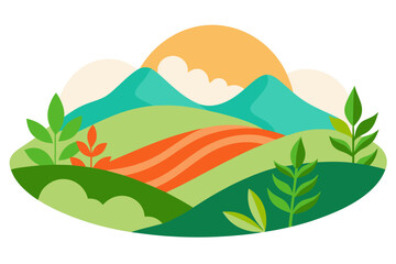 A colorful vector graphic illustration of a serene landscape with rolling hills and mountains