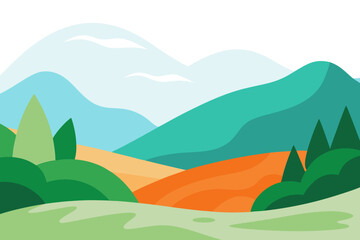 A vibrant and serene landscape illustration featuring rolling hills and mountains in a minimalist style