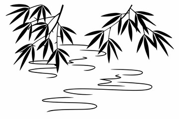A minimalist black and white illustration of bamboo leaves and stems on a plain background