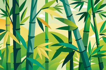 A vibrant illustration of bamboo stalks and leaves in a serene natural setting with a sunny background