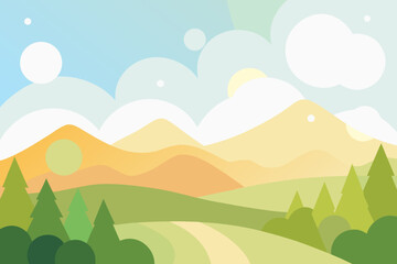 A serene landscape illustration of rolling hills and mountains under a blue sky with clouds