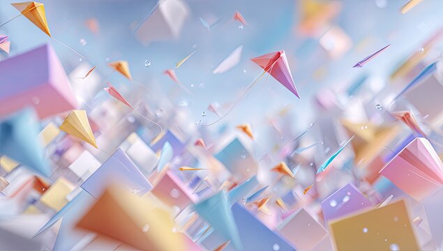 Pastel geometric shapes and kites float playfully in a soft, ethereal sky
