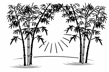 A minimalist black and white illustration of bamboo trees with a sunburst design on a white background