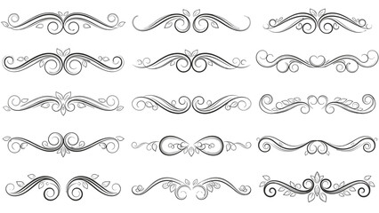Obraz premium Collection of elegant ornate floral dividers and decorative flourishes featuring leaf and heart motifs in a vintage style.
