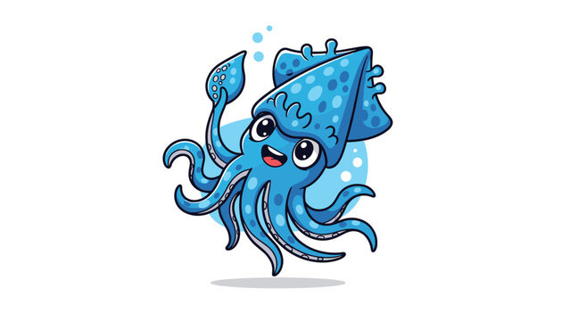 Adorable blue cartoon squid with large eyes and a happy expression swimming among small bubbles in the ocean.