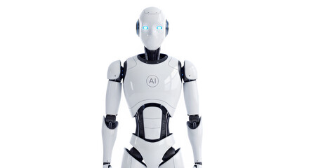 A futuristic humanoid robot with a sleek white and black design