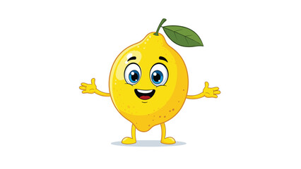 Cheerful lemon fruit character with big blue eyes and a friendly smile stands with its arms wide open in welcome.