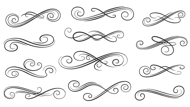 Comprehensive set of twelve delicate black line calligraphic flourishes and swirls designed for elegant text decoration on invitations and cards.
