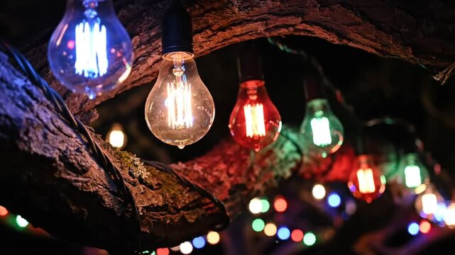 Decorative string lights with colorful illuminated bulbs hanging from tree branches at night creating a warm ambiance