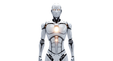 A futuristic humanoid robot with a glowing core standing against a black background