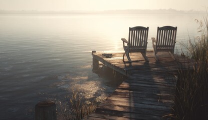 Naklejka premium Two empty wooden chairs await on a misty, sunlit dock by calm water