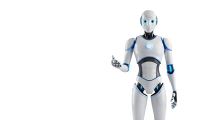 A futuristic humanoid robot standing against a black background with blue accents