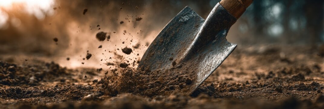 Close-up of a shovel digging into dry, clumpy soil, sending dirt flying