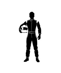 Professional race car driver holding helmet in black racing suit isolated on white background
