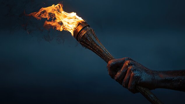 Hand holds fiery torch aloft, casting light and smoke against a dark background