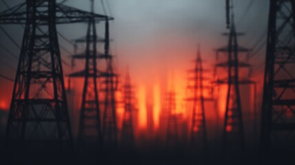 A dramatic image of power lines silhouetted against a vivid orange and red sunset, creating a striking industrial landscape.