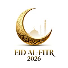 Ornate golden crescent moon with eid al fitr 2026 text and masjid background on white background. greeting cards, and digital marketing for the end of Ramadan.