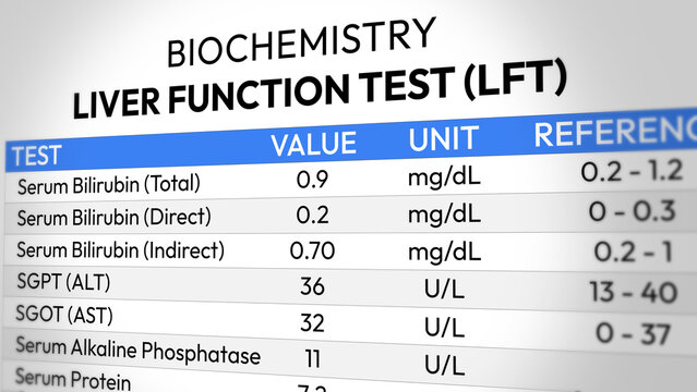 Liver Function Test Report. LFT, ALT AST Bilirubin Analysis, Enzyme Levels Assessment, Hepatic Health Screening, Clinical Monitoring Insights and Diagnostic Evaluation. Random LFT Test Report. 2D