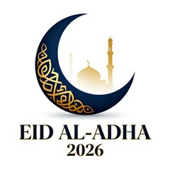 Navy blue and gold crescent moon with eid al adha 2026 typography and mosque silhouette on white background