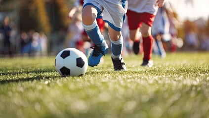 Fototapeta premium Children's soccer game on a sunny day, focus on feet and ball