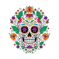 Mexican Sugar Skull with Floral Decoration, Dia de los Muertos, Isolated Cut-out