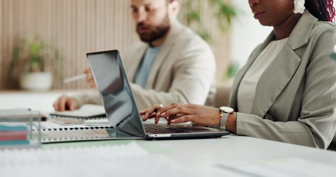 Hands, woman and typing on laptop at desk for writing news article, publication and coworking. Staff, female journalist and tech at publishing agency for submission draft, editor feedback and editing