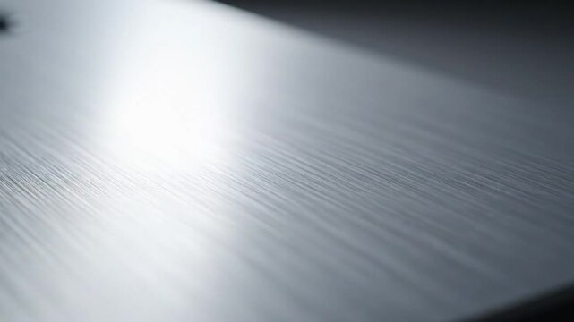 Close-up of a brushed metal surface with subtle light reflections and linear textures showcasing metallic design