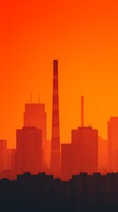 Naklejka premium Silhouetted city skyline with tall buildings and smokestacks against a vibrant orange sunset sky.