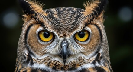 Fototapeta premium A close-up of an owl's face with piercing yellow eyes and distinctive feather patterns.