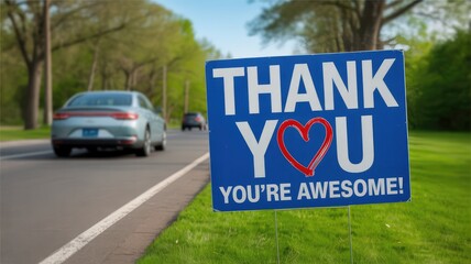 Blue thank you sign with a red heart stands by a green grassy roadside on a clear sunny day with cars passing in the background