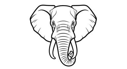 A detailed black and white line art of an African elephant head with large ears and tusks for coloring activity