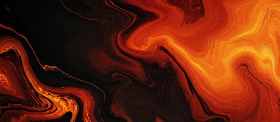 Swirling textures of fiery oranges and deep blacks blend in a molten, fluid abstract