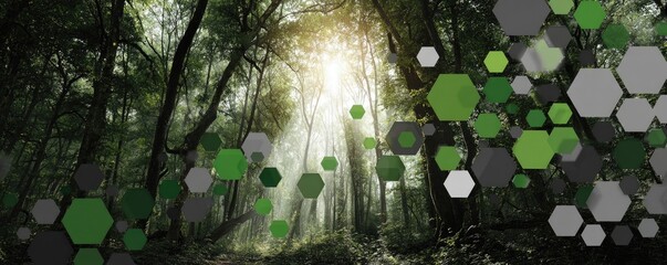 Sunlit forest with overlay of green and grey geometric shapes