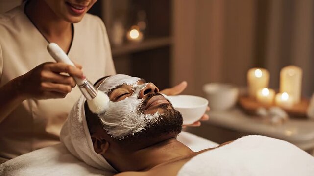 A serene spa treatment featuring a man receiving a facial treatment with soothing white cream while candles glow softly in the background