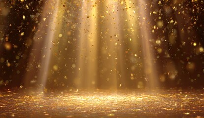Golden light beams illuminate shimmering confetti falling onto a sparkling floor