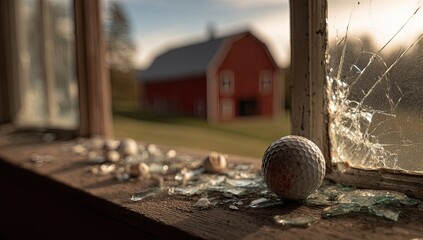 Shattered windowpane frames derelict golf ball and distant red barn