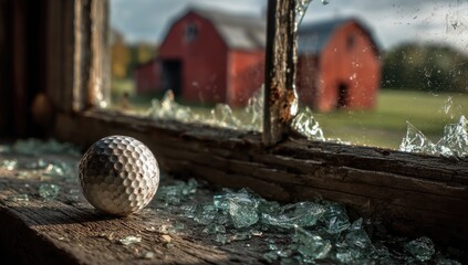 Golf ball rests on a dusty, broken window overlooking rural barns