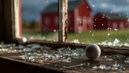 Two golf balls rest on a shattered window ledge, overlooking red barns