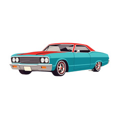 Fototapeta premium A vintage-style illustration of a teal and red classic car with a chrome grill and headlights against a clean white background.