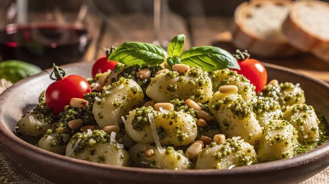 Close-up of gnocchi pasta with green pesto, pine nuts, cherry tomatoes, and fresh basil in a rustic bowl, with bread and wine in the background